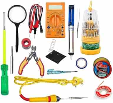 10Watt Bakelite Handle Solder Iron Kit Set Full Multimeter, Cutter, Stand, Desoldering Pump, Wick, Soldering Wire Reel, Soldering Paste, Tweezer, Tester, Bit